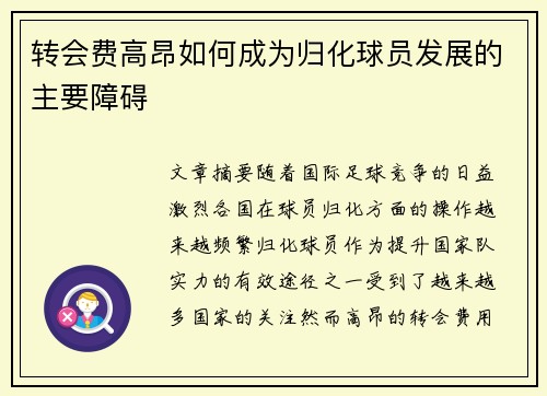 转会费高昂如何成为归化球员发展的主要障碍