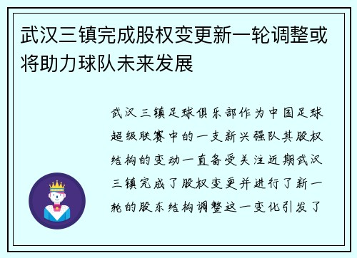 武汉三镇完成股权变更新一轮调整或将助力球队未来发展